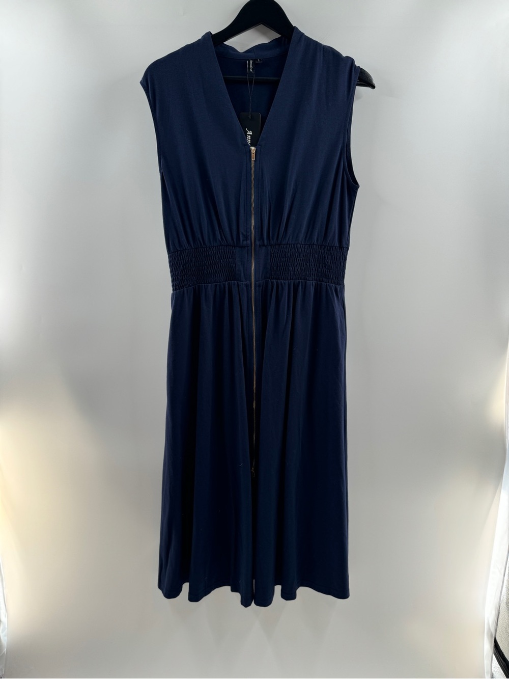 Annebouti Navy Blue Sleeveless Zip Front Midi Dress – Women’s Large NWT